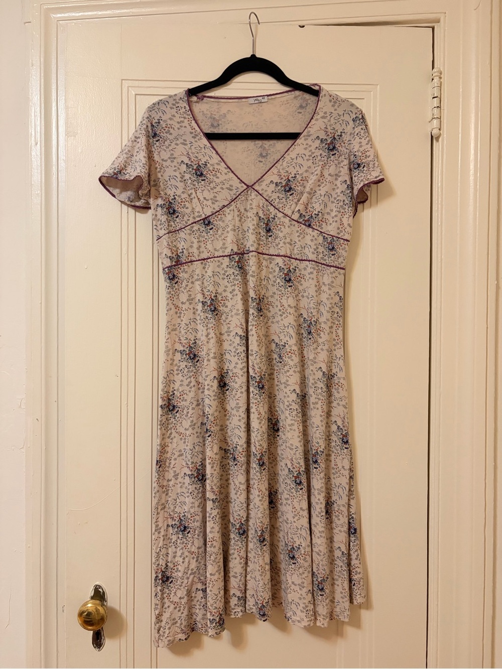 Cream Floral V-Neck Midi Dress with Contrast Trim